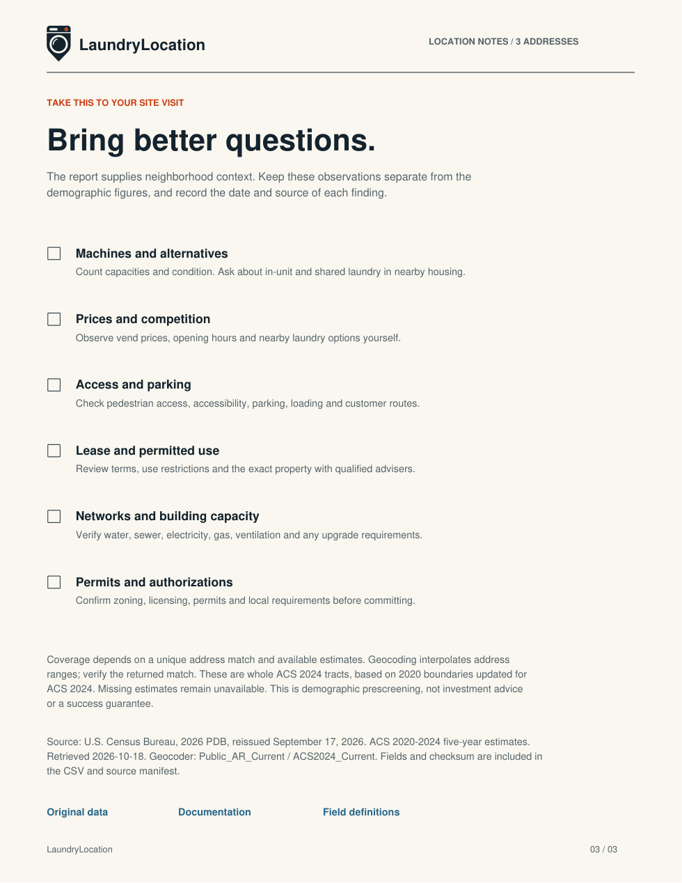 Sample PDF with source definitions and site-visit checklist